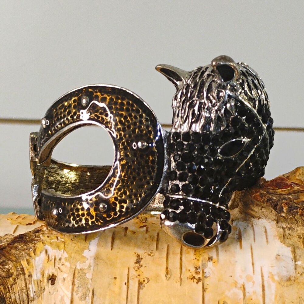 Chunky Equestrian Silver Tone Rhinestone Hinged Cuff Bracelet Horse/Horseshoe